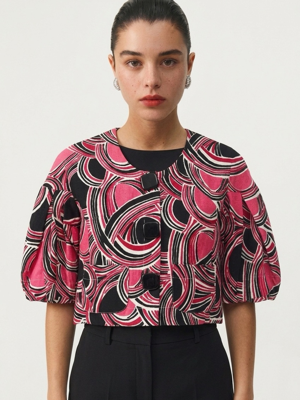 TIBI | Cropped Pink Abstract Print Puff-Sleeve Jacket Women’s Size 4
